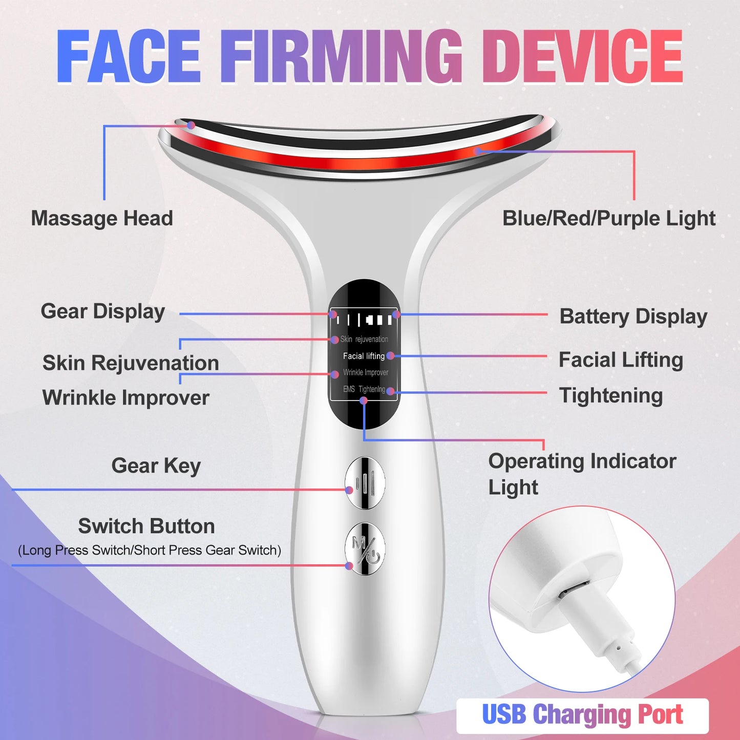 Facial & Neck Massager with 3-Color LED Therapy